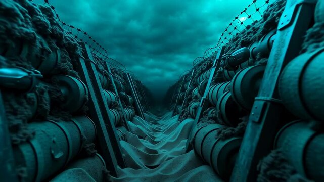 Underwater military minefield with barbed wire and explosive rows near sunken shipwreck barrels in deep ocean trench creating eerie immersive scene