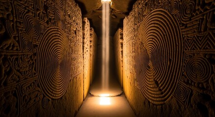 Mysterious cave with a waterfall and ancient carvings on the walls