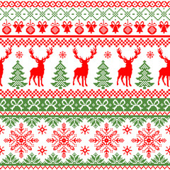 Christmas Ethnic pixel Art embroidery Crosstich style vector illustration pattern design.