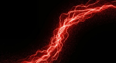 Abstract red particle wave flowing through black space representing data transfer, energy flow, and digital network connectivity technology