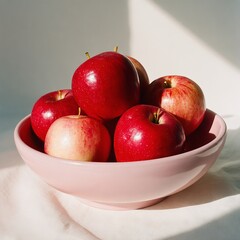 A blush-pink ceramic bowl with cherry-red apples