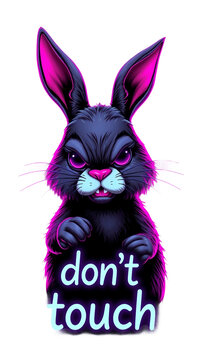 Dunkler, comicartiger Hase mit pink leuchtenden Details und dem frechen Schriftzug &bdquo;don&rsquo;t touch&ldquo;. PNG mit transparentem Hintergrund.
