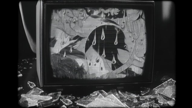 Cracked TV screen displaying surreal, dripping image