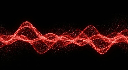 Red particle wave pattern with peaks and valleys on black background for audio waveform, sound frequency, and data analytics visualization