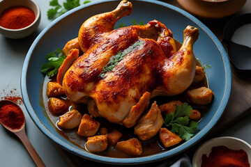 Paprika Spiced Whole Roasted Chicken in a Blue Serving Bowl