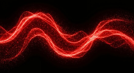 Flowing red particle waves with smooth curves on black background representing energy flow, quantum field, and abstract digital landscape