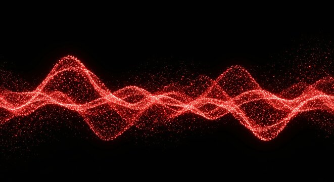 Red particle wave pattern with peaks and valleys on black background for audio waveform, sound frequency, and data analytics visualization