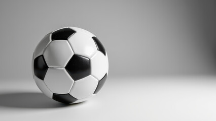 Obraz premium Classic black and white soccer ball sits smooth surface, showcasing its iconic hexagonal pattern. lighting highlights its glossy texture