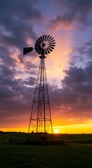Silhouette of a classic windmill against a vibrant sunset with orange and purple hues, standing in a green field.