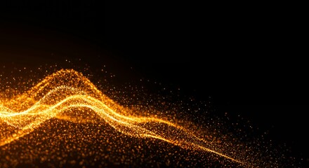 Golden particle wave with diagonal flowing light trails creating dynamic energy effect on black background for technology design