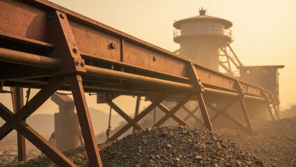 Conveyor belt transporting materials at construction site during sunset, showcasing industrial machinery and dusty environment