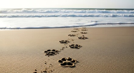 Dog paw prints on beach sand ocean waves footprints canine pet travel summer vacation seaside coast 100 national dog day