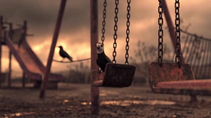 Creepy old school playground dusk, ghost children ragged clothes skull face paint, skipping rope, swinging, eerie skeletal shadows, abandoned rusted swings, overcast sky, crow cinematic horror 4k - Powered by Adobe