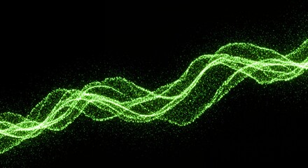 Abstract glowing green particle wave flowing on black background, digital technology data visualization concept for futuristic network communication