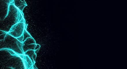 Cyan turquoise glowing particle wave formation emerging on black background, abstract digital technology visualization for modern data science applications