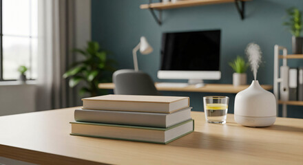 Fototapeta premium Serene Home Office Still Life with Books and Diffuser