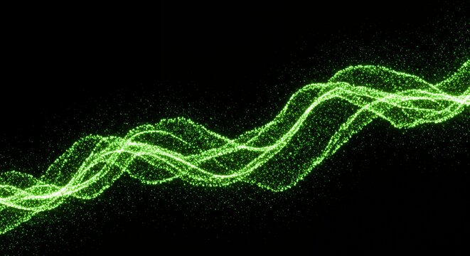 Abstract glowing green particle wave flowing on black background, digital technology data visualization concept for futuristic network communication
