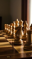 A close-up view of a chessboard with white chess pieces lined up, focusing on the knight, with a blurred background.
