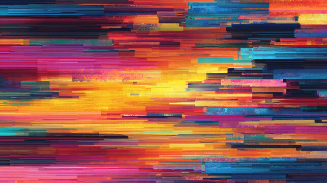 An abstract digital glitch effect featuring horizontal pixel distortions and fragmented visuals, vibrant tech-inspired design