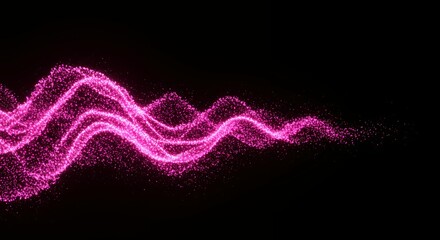 Dynamic pink particle wave with multiple flowing curves and undulations in dark space, abstract digital data stream visualization background