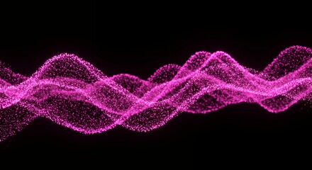 Layered pink particle wave with multiple undulating ribbons flowing horizontally in dark space, abstract digital energy visualization background