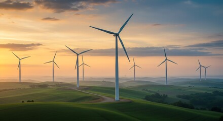 Wind Turbines on Rolling Hills at Sunrise with Fog