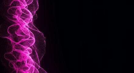 Flowing magenta particle wave with elegant swirls and curves on black background, abstract digital motion design for technology concepts