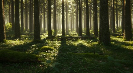 Golden sunlight filtering through dense forest with tall straight trees and green moss floor, tranquil woodland scene with motion blur effect