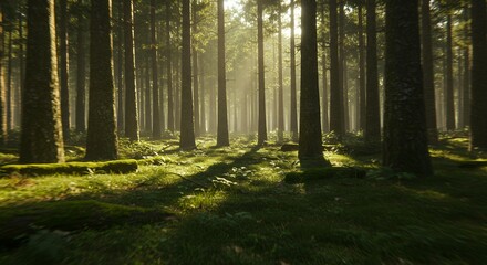 Bright morning sunlight piercing through foggy forest with vertical tree trunks and mossy ground, atmospheric woodland landscape with motion blur