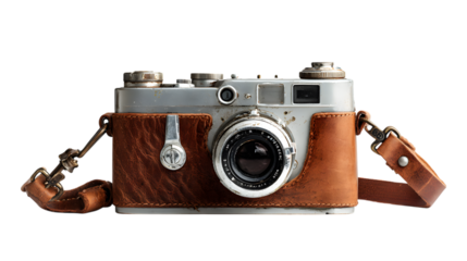 Capture nostalgia with this vintage camera in leather case, a timeless symbol of photography history isolated on white background 