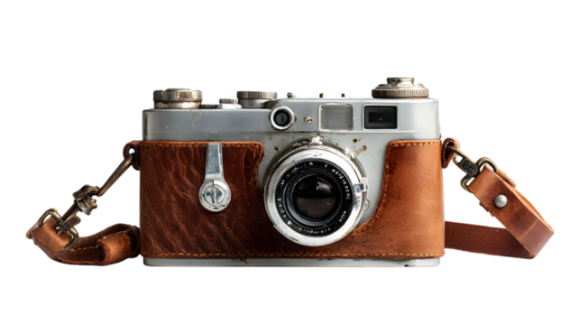 Capture nostalgia with this vintage camera in leather case, a timeless symbol of photography history isolated on white background 