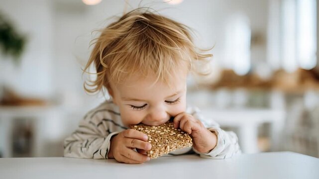 Happy toddler enjoying a nutritious multigrain snack in a bright kitchen
