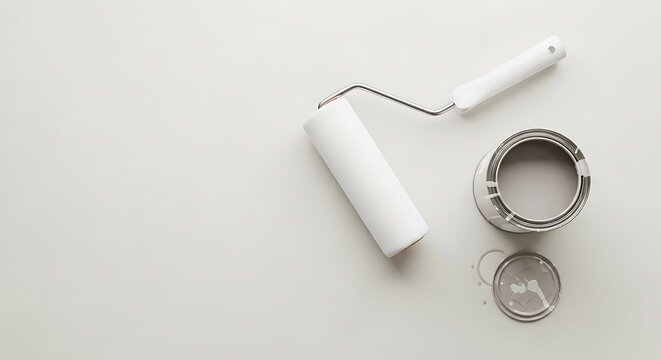 Simple studio shot featuring a paint roller and a paint can creating blank canvas