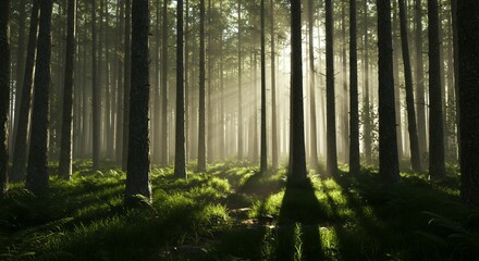 Atmospheric misty morning in dense coniferous forest with soft sunlight filtering through tall straight pine tree trunks