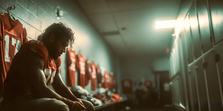 American football player sitting alone in locker room feeling sad and disappointed