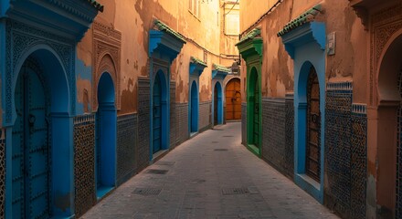 Fototapeta premium Old Moroccan medina with colorful doors and intricate tiles