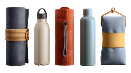 Stylish yoga essentials for fitness enthusiasts promotes health and wellness lifestyle choices isolated on white background 