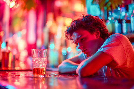 Young man drinking alone and feeling sad at the bar counter in nightclub