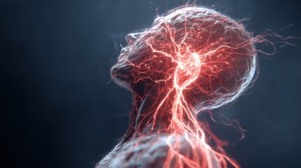 Medical visualization showing glowing energy flowing from human brain to spinal cord, representing neural activity in burnout patient, isolated on black background