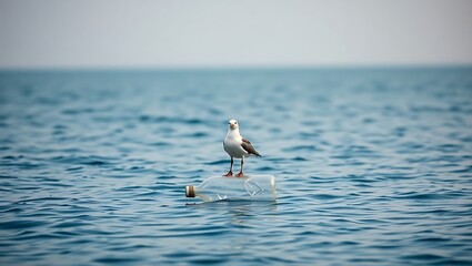 A seagull perched atop a plastic bottle adrift in the ocean under a hazy sky on a sunny day at sea