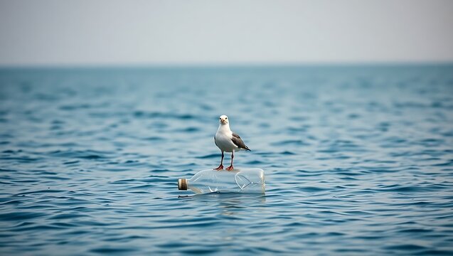 A seagull perched atop a plastic bottle adrift in the ocean under a hazy sky on a sunny day at sea