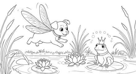 Fototapeta premium Coloring page of a magical puppy with wings flying above a frog wearing a crown in a pond