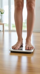 Weight Assessment: A health-conscious individual steps onto a digital scale, gauging body mass as a vital sign. Capture a healthy lifestyle and mindful eating.