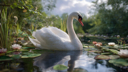 Obraz premium Serene Swan Elegance: A Graceful Bird Glides Across the Rippling Waters of a Peaceful Pond, Embodying Tranquility and Natural Beauty in a Picturesque Setting