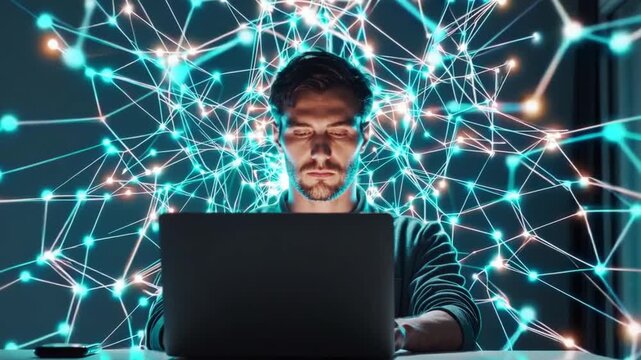Young man at a laptop in a modern office as a morphing 3D network&mdash;glowing teal nodes and lines&mdash;rotates beside him, shifting topology like an AI/Internet graph; sleek, abstract tech vibe (4K, 16:9).