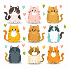 Fun and colorful kittens illustration. Heartwarming cartoon cats in bright colors. Cats illustrated in a cute, colorful style. Fun cats in various poses and colors. Colorful cat, hearts for decoration