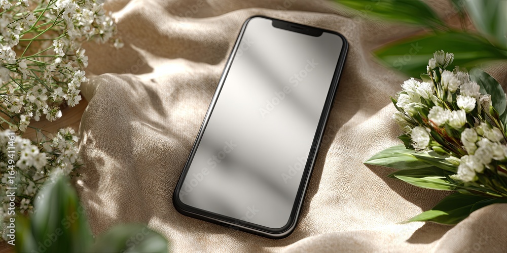 Poster modern smartphone mockup on a natural setting with soft fabrics and greenery in the background for c