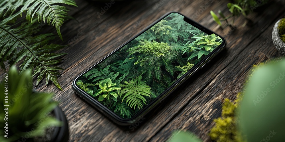 Poster modern smartphone mockup on a natural setting with soft fabrics and greenery in the background for c