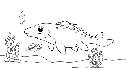Fototapeta premium Coloring page depicting a friendly fish swimming with a turtle in an underwater scene 