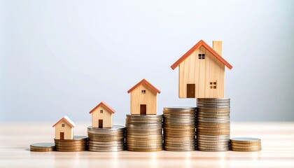 Wooden miniature houses on growing stacks of coins, symbolizing real estate investment and property value increase.